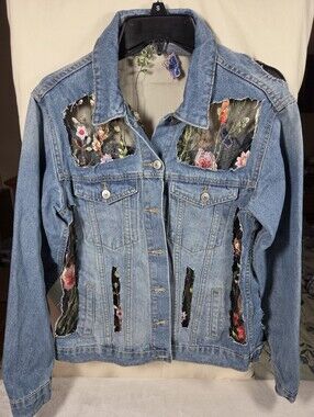 Boho Blue Denim Jacket: Embroidered Floral Mesh Cut Outs Up Cycled Festival